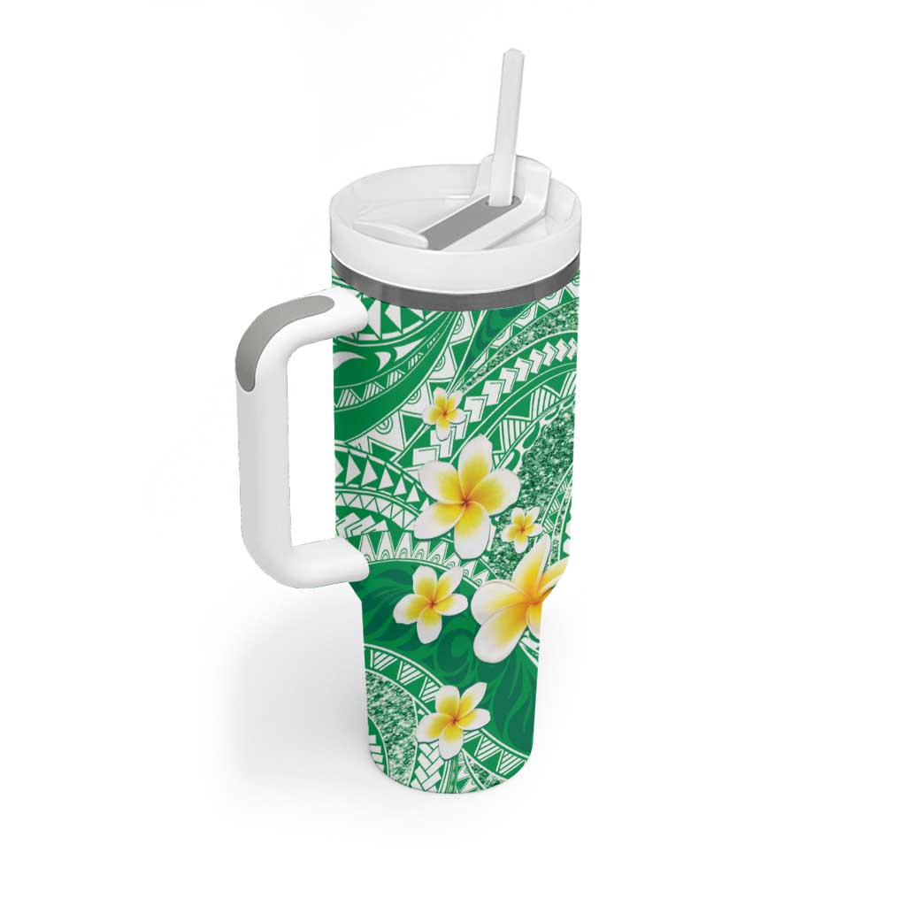Plumeria Polynesian Green Glitter Pattern Tumbler With Handle LT01 - Polynesian Pride