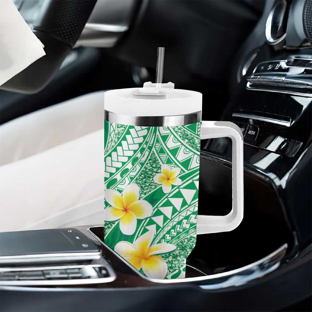 Plumeria Polynesian Green Glitter Pattern Tumbler With Handle LT01 - Polynesian Pride