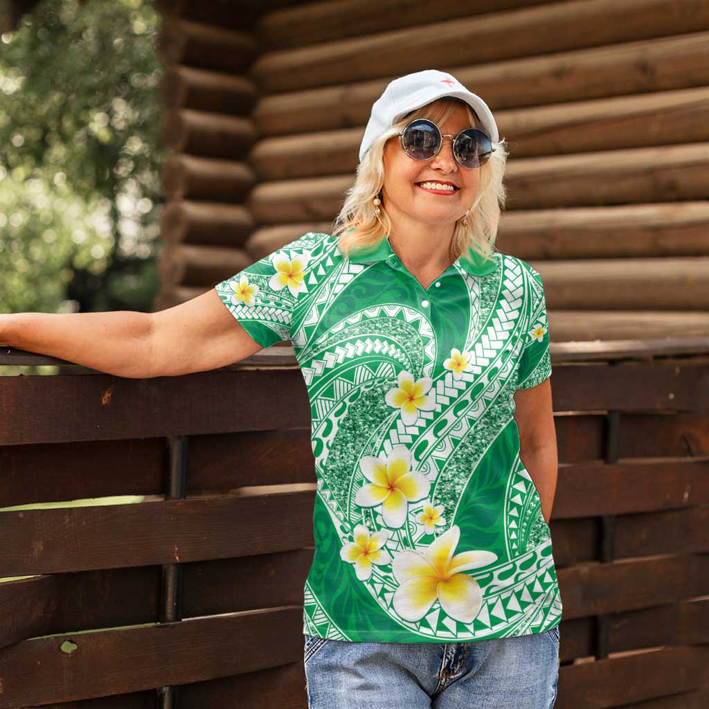 Plumeria Polynesian Green Glitter Pattern Women Polo Shirt LT01 - Polynesian Pride