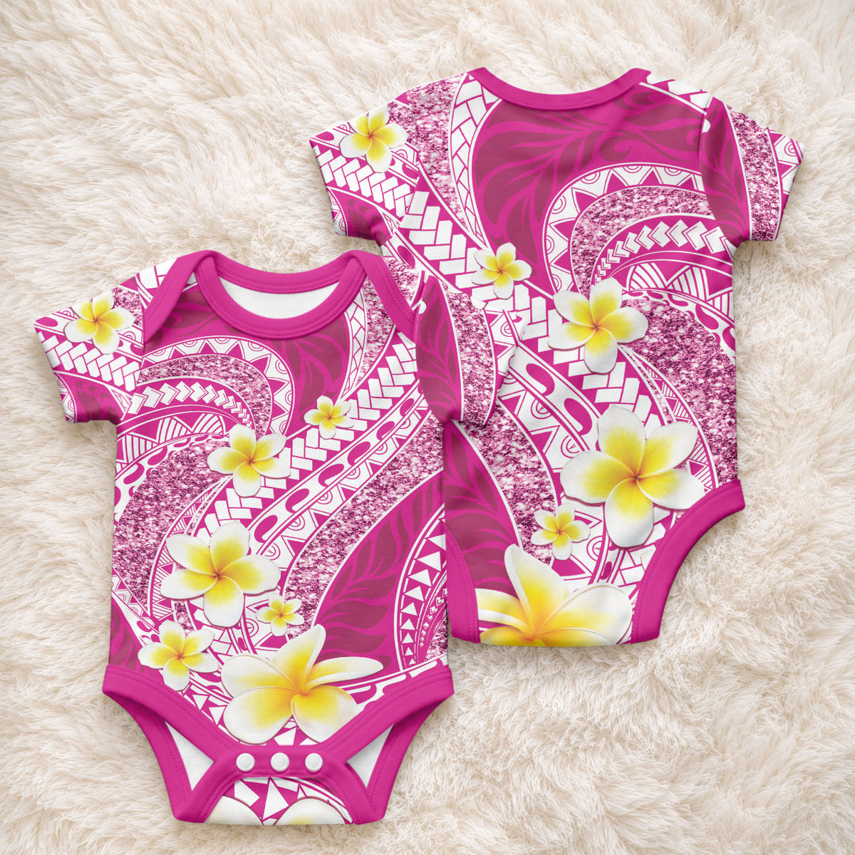 Plumeria Polynesian Pink Glitter Pattern Baby Onesie LT01 - Polynesian Pride