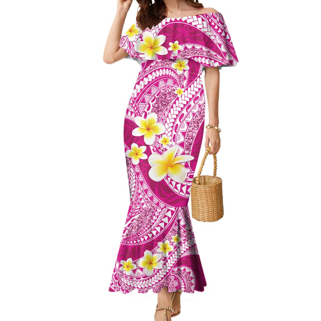 Plumeria Polynesian Pink Glitter Pattern Mermaid Dress LT01 Women Pink - Polynesian Pride