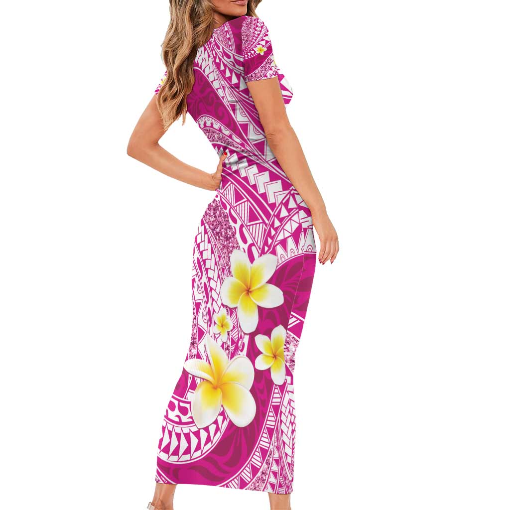 Plumeria Polynesian Pink Glitter Pattern Short Sleeve Bodycon Dress LT01 - Polynesian Pride