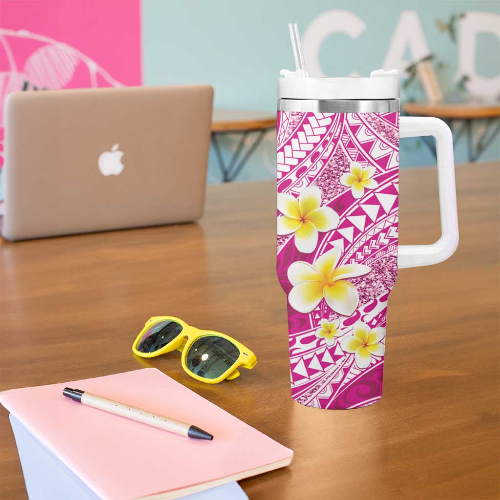 Plumeria Polynesian Pink Glitter Pattern Tumbler With Handle LT01 - Polynesian Pride