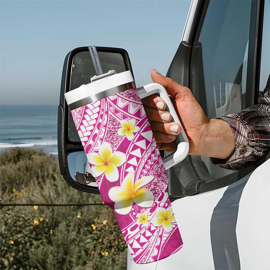 Plumeria Polynesian Pink Glitter Pattern Tumbler With Handle LT01 - Polynesian Pride