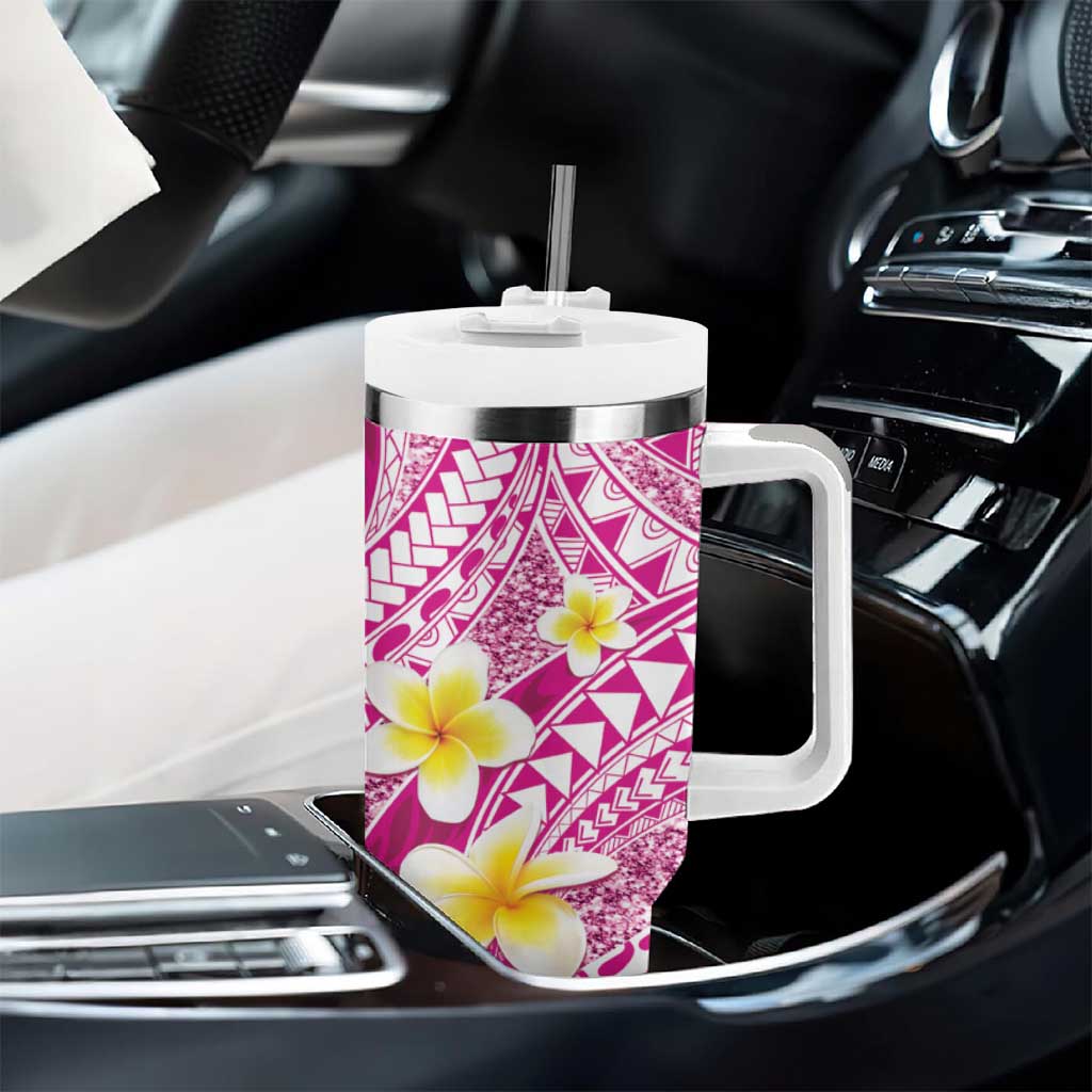 Plumeria Polynesian Pink Glitter Pattern Tumbler With Handle LT01 - Polynesian Pride
