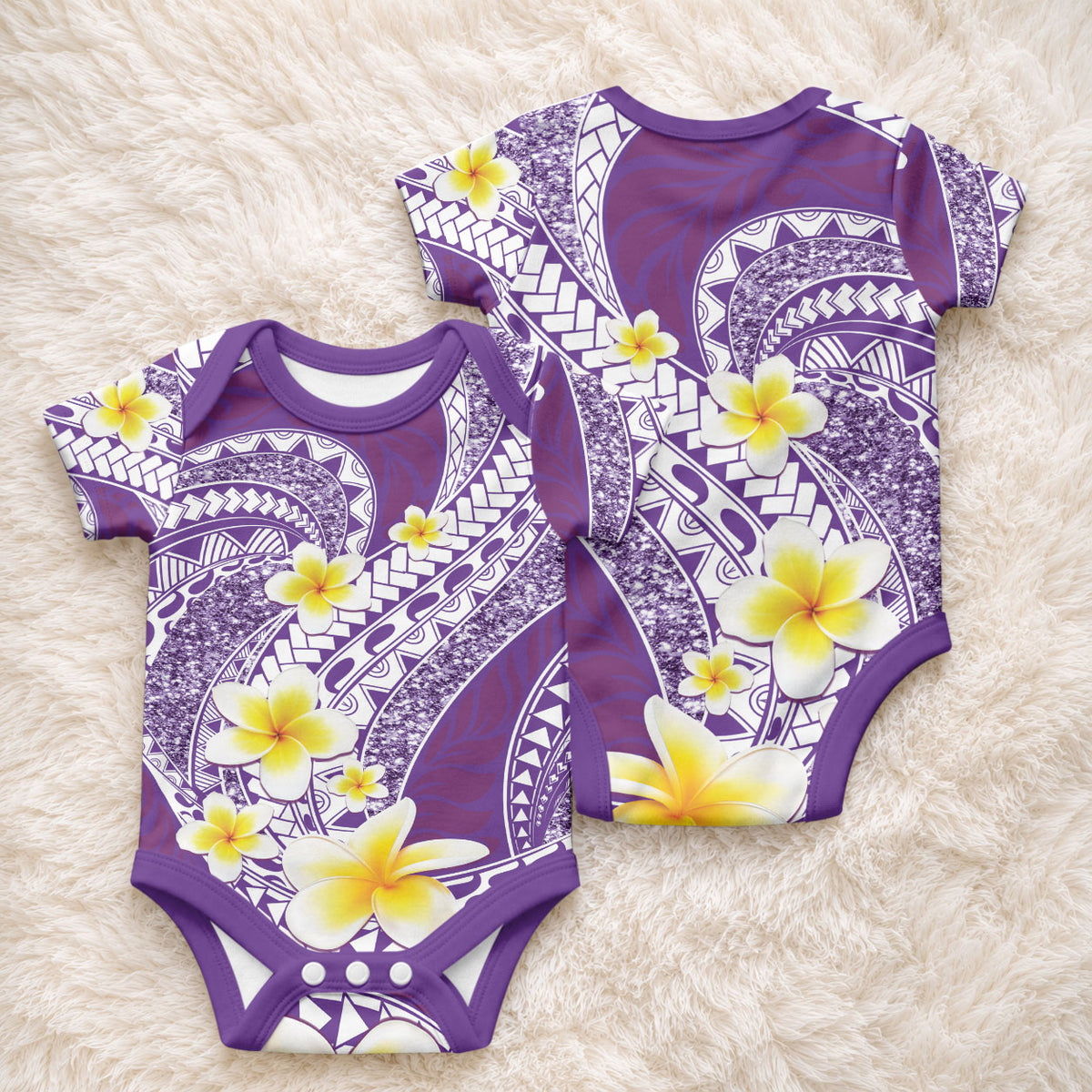 Plumeria Polynesian Purple Glitter Pattern Baby Onesie LT01 - Polynesian Pride