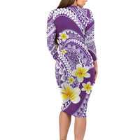 Plumeria Polynesian Purple Glitter Pattern Long Sleeve Bodycon Dress LT01 - Polynesian Pride