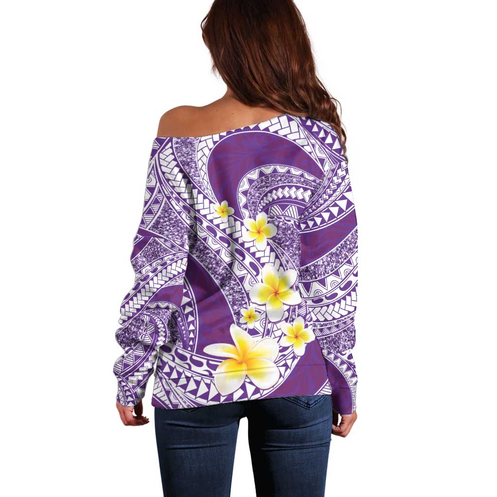 Plumeria Polynesian Purple Glitter Pattern Off Shoulder Sweater LT01 - Polynesian Pride