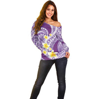 Plumeria Polynesian Purple Glitter Pattern Off Shoulder Sweater LT01 - Polynesian Pride