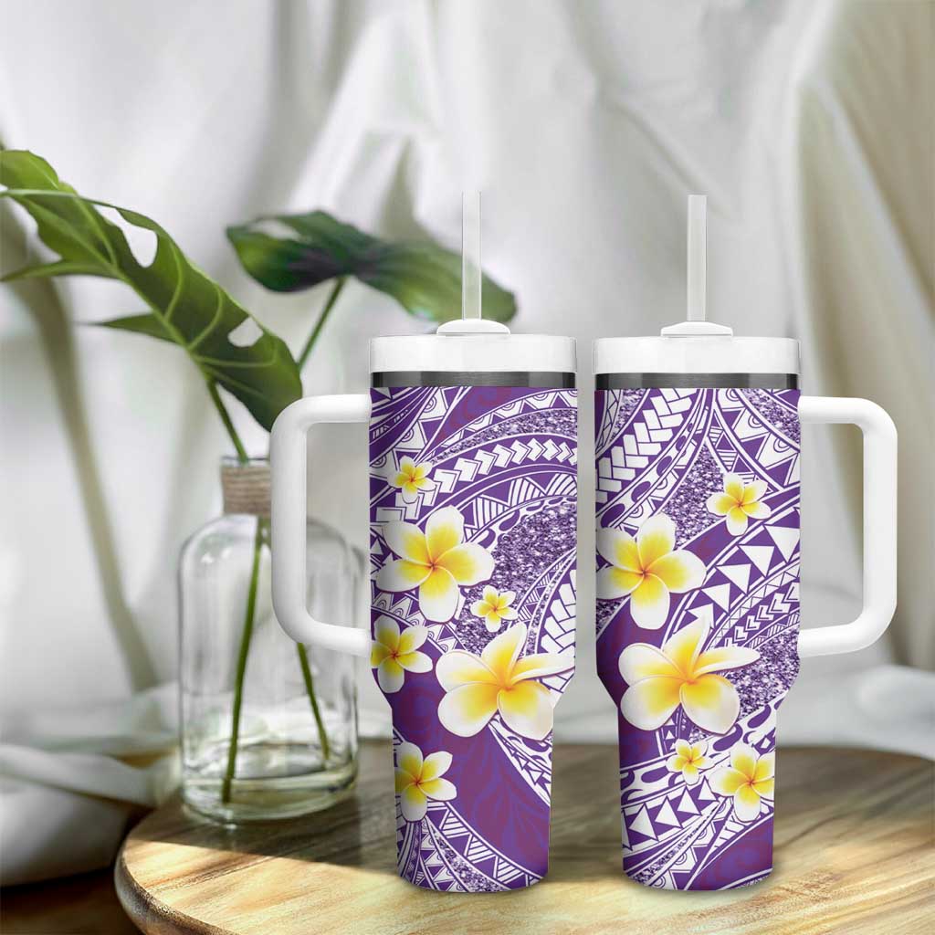 Plumeria Polynesian Purple Glitter Pattern Tumbler With Handle LT01 - Polynesian Pride