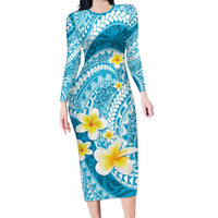 Plumeria Polynesian Sky Blue Glitter Pattern Long Sleeve Bodycon Dress LT01 Long Dress Sky Blue - Polynesian Pride
