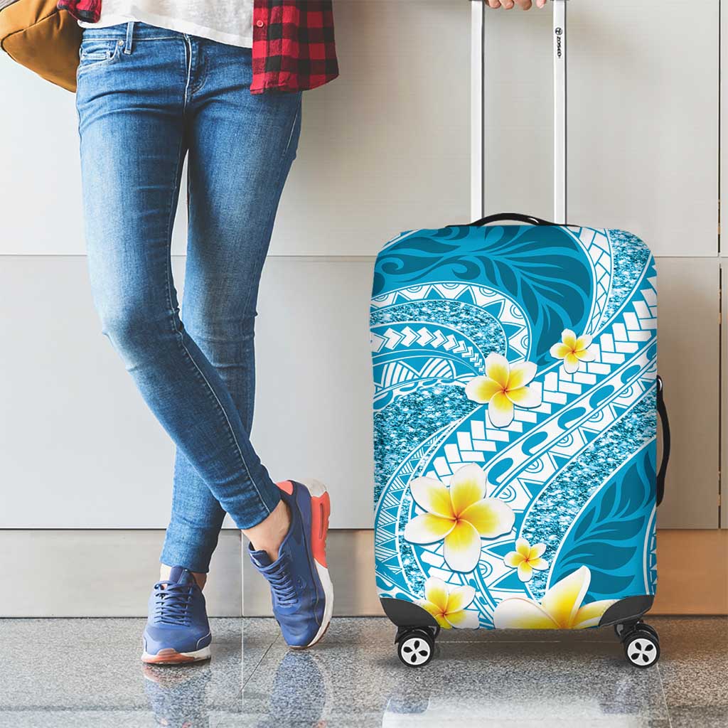 Plumeria Polynesian Sky Blue Glitter Pattern Luggage Cover LT01 - Polynesian Pride