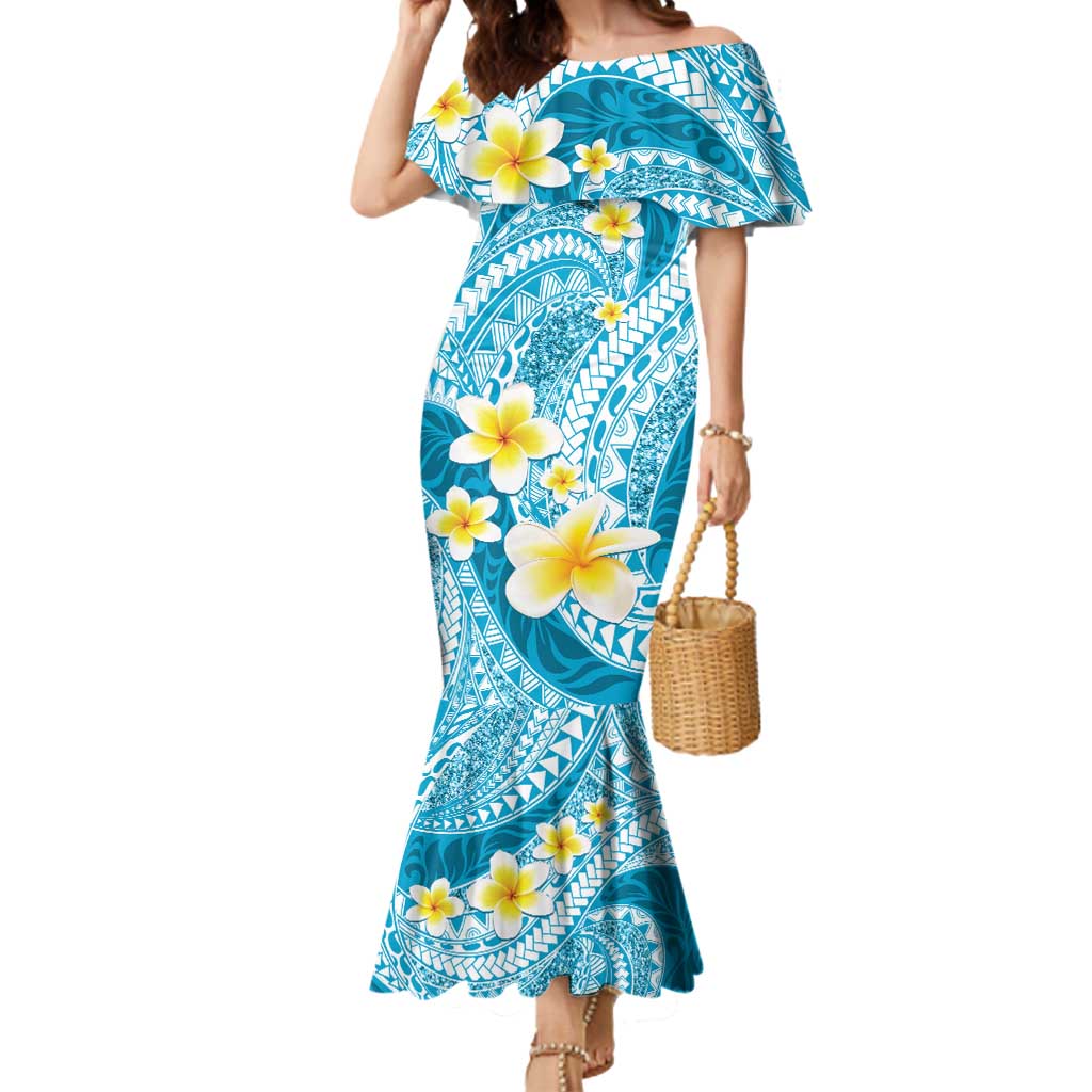 Plumeria Polynesian Sky Blue Glitter Pattern Mermaid Dress LT01 Women Sky Blue - Polynesian Pride