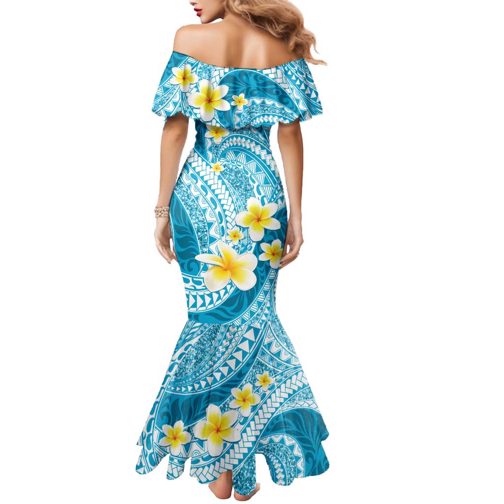 Plumeria Polynesian Sky Blue Glitter Pattern Mermaid Dress LT01 - Polynesian Pride