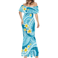 Plumeria Polynesian Sky Blue Glitter Pattern Mermaid Dress LT01 - Polynesian Pride