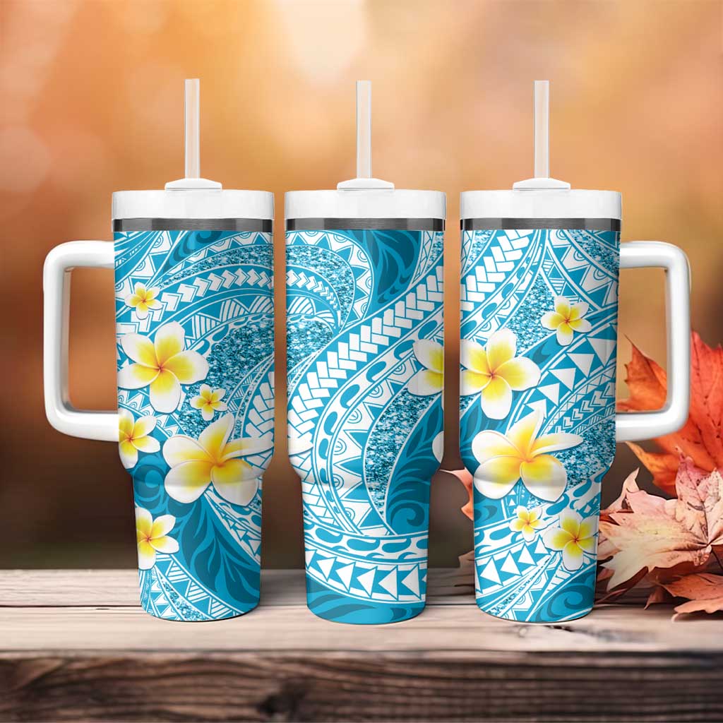 Plumeria Polynesian Sky Blue Glitter Pattern Tumbler With Handle LT01 - Polynesian Pride