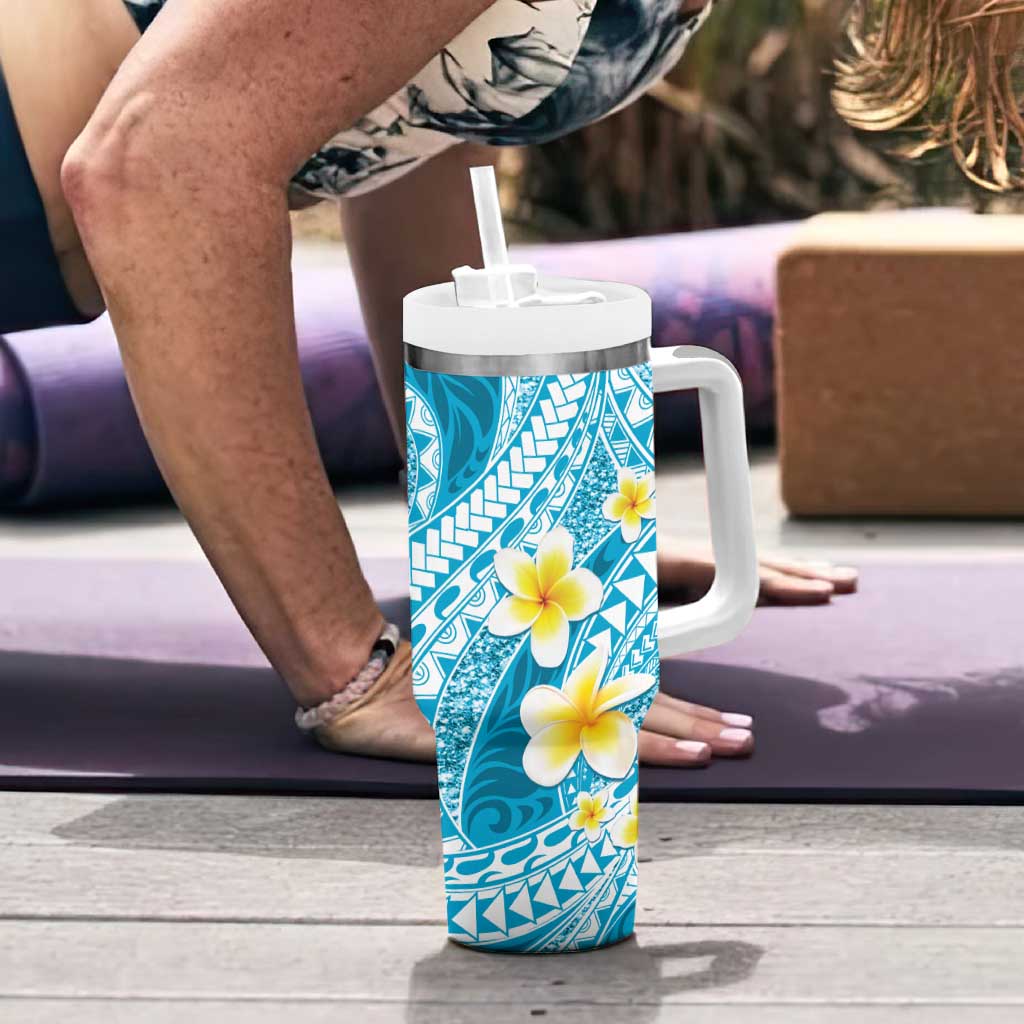 Plumeria Polynesian Sky Blue Glitter Pattern Tumbler With Handle LT01 - Polynesian Pride