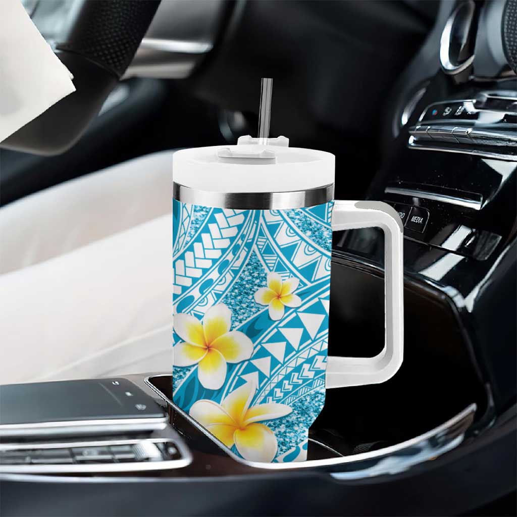 Plumeria Polynesian Sky Blue Glitter Pattern Tumbler With Handle LT01 - Polynesian Pride