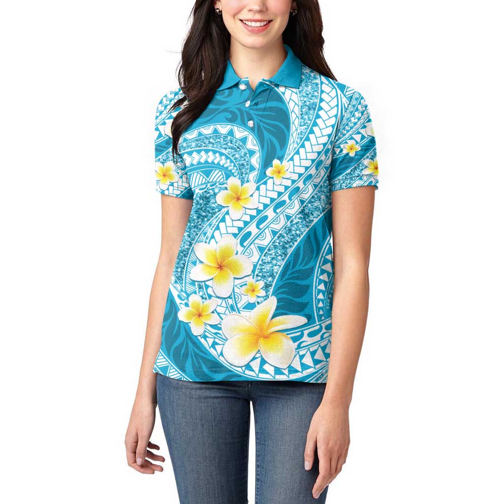 Plumeria Polynesian Sky Blue Glitter Pattern Women Polo Shirt LT01 - Polynesian Pride