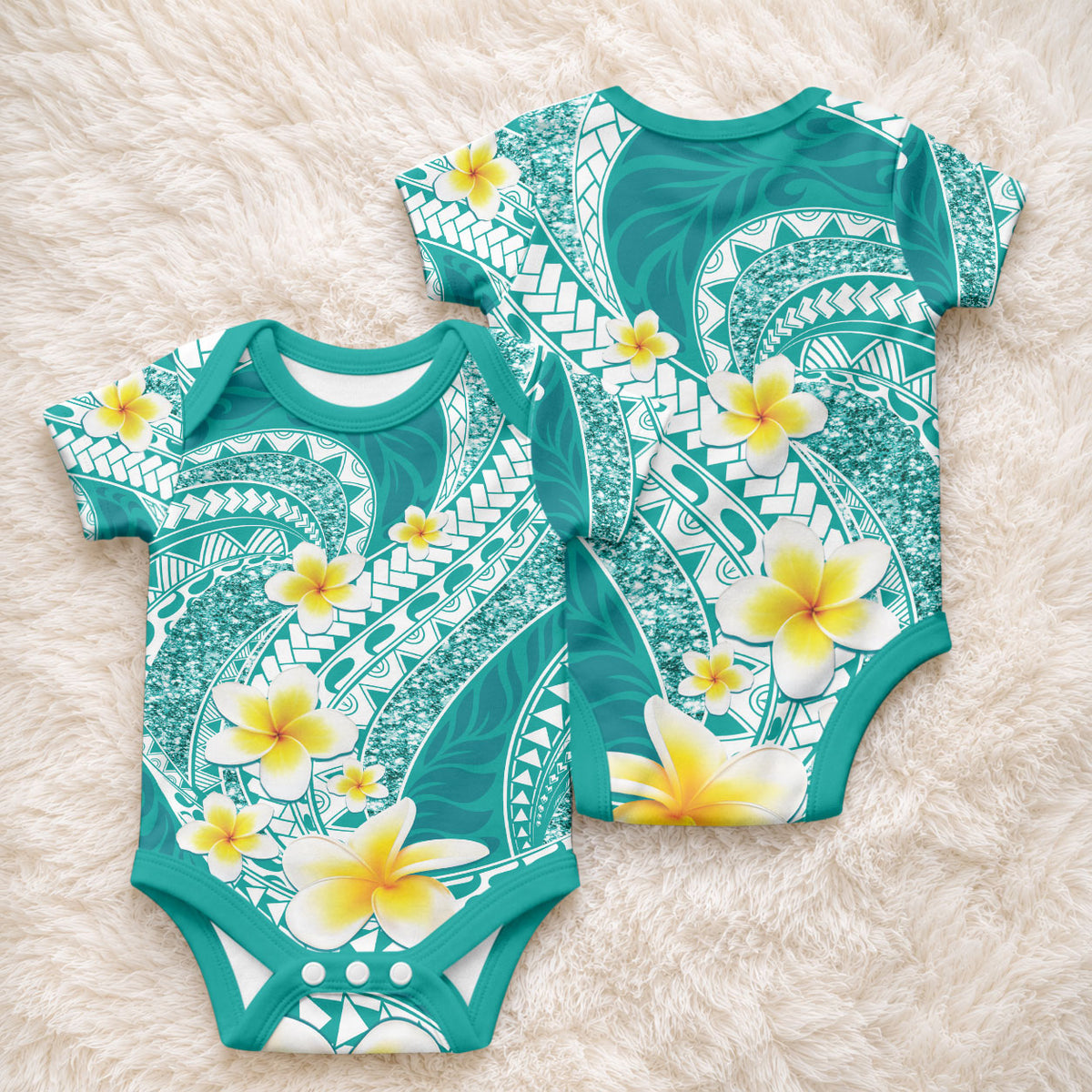 Plumeria Polynesian Teal Glitter Pattern Baby Onesie LT01 - Polynesian Pride
