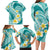 Plumeria Polynesian Teal Glitter Pattern Family Matching Long Sleeve Bodycon Dress and Hawaiian Shirt