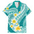 Plumeria Polynesian Teal Glitter Pattern Family Matching Long Sleeve Bodycon Dress and Hawaiian Shirt