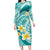 Plumeria Polynesian Teal Glitter Pattern Family Matching Long Sleeve Bodycon Dress and Hawaiian Shirt