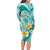 Plumeria Polynesian Teal Glitter Pattern Family Matching Long Sleeve Bodycon Dress and Hawaiian Shirt