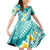 Plumeria Polynesian Teal Glitter Pattern Family Matching Off Shoulder Short Dress and Hawaiian Shirt