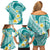 Plumeria Polynesian Teal Glitter Pattern Family Matching Off Shoulder Short Dress and Hawaiian Shirt