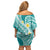 Plumeria Polynesian Teal Glitter Pattern Family Matching Off Shoulder Short Dress and Hawaiian Shirt