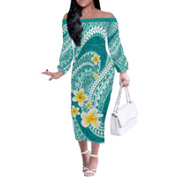 Plumeria Polynesian Teal Glitter Pattern Off The Shoulder Long Sleeve Dress LT01 Women Teal - Polynesian Pride