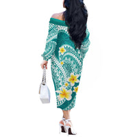 Plumeria Polynesian Teal Glitter Pattern Off The Shoulder Long Sleeve Dress LT01 - Polynesian Pride