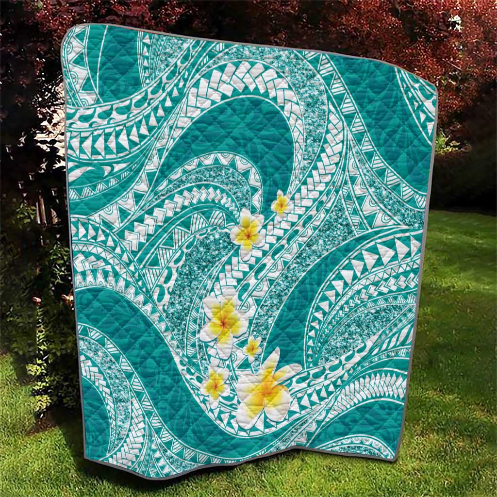 Plumeria Polynesian Teal Glitter Pattern Quilt LT01 - Polynesian Pride