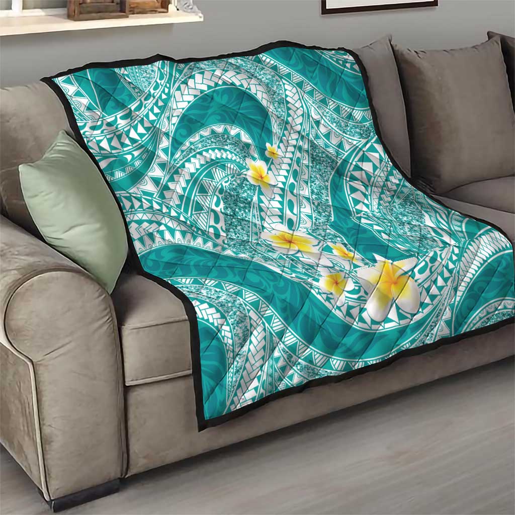 Plumeria Polynesian Teal Glitter Pattern Quilt LT01 - Polynesian Pride