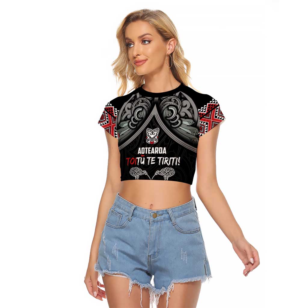 Aotearoa Toitu Te Tiriti Waitangi Raglan Cropped T Shirt Proud To Be Maori LT01 Female Black - Polynesian Pride