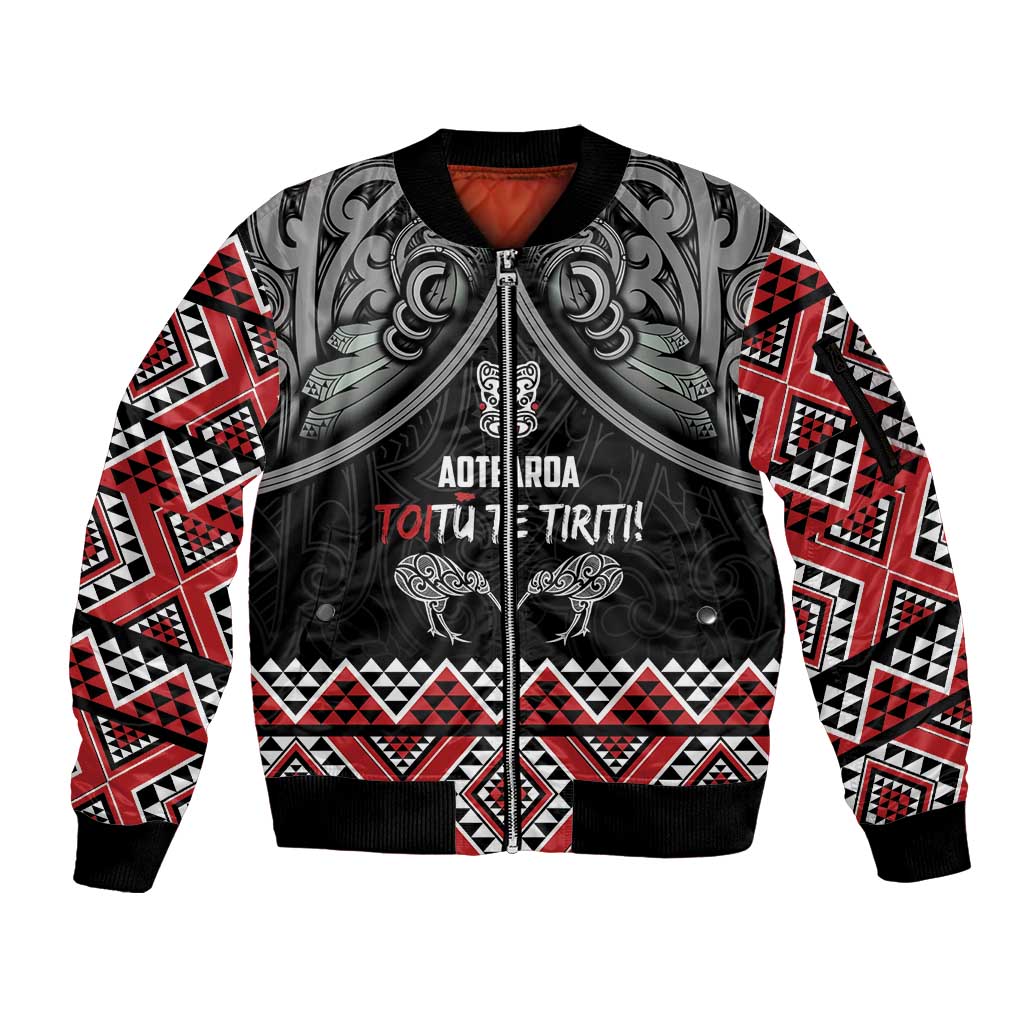 Aotearoa Toitu Te Tiriti Waitangi Sleeve Zip Bomber Jacket Proud To Be Maori LT01 Unisex Black - Polynesian Pride