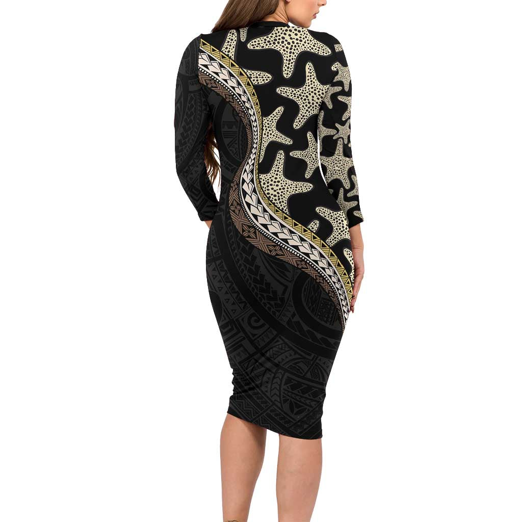 Beige Polynesian Starfish Unique Pattern Long Sleeve Bodycon Dress LT01 - Polynesian Pride