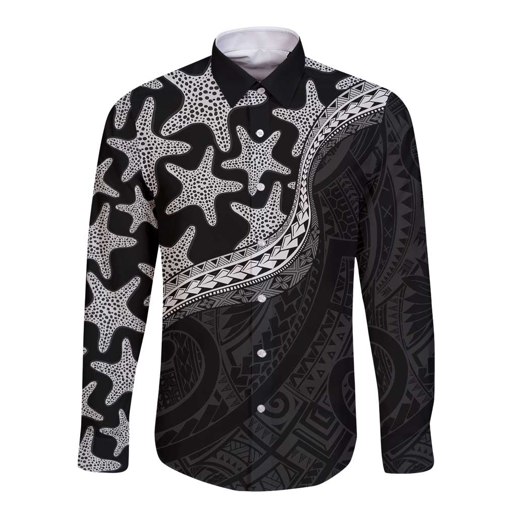 Monotone Polynesian Starfish Unique Pattern Long Sleeve Button Shirt LT01 Unisex Black - Polynesian Pride