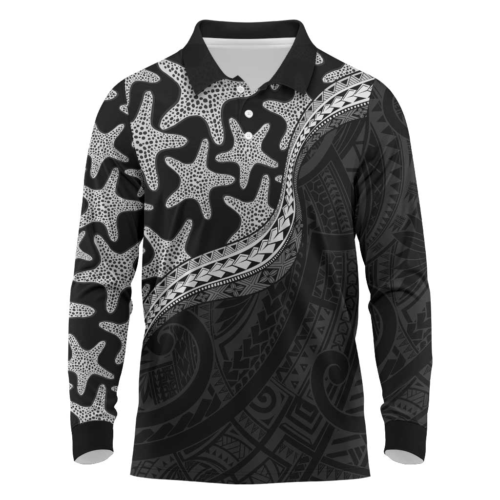 Monotone Polynesian Starfish Unique Pattern Long Sleeve Polo Shirt LT01 Black - Polynesian Pride
