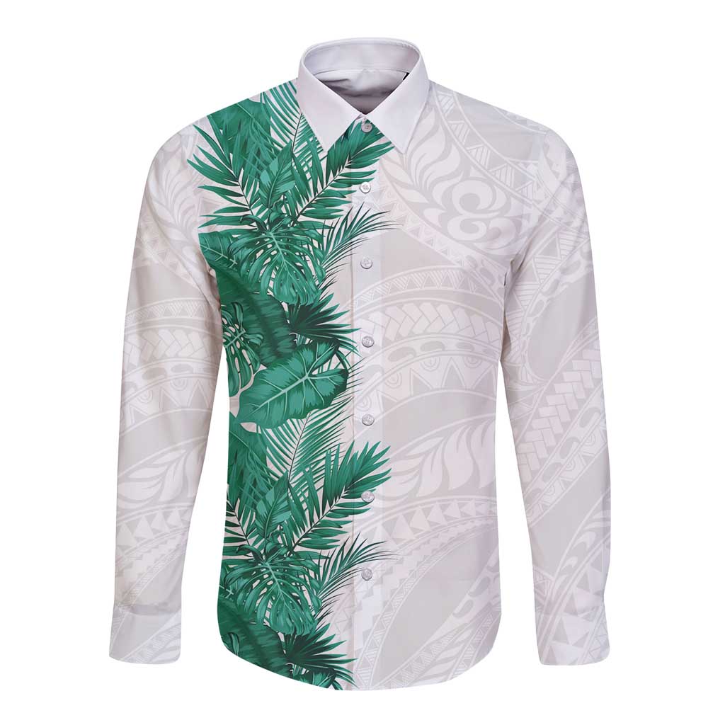 Hawaii Tropical Leaves Long Sleeve Button Shirt Polynesian Pattern LT01 Unisex White - Polynesian Pride