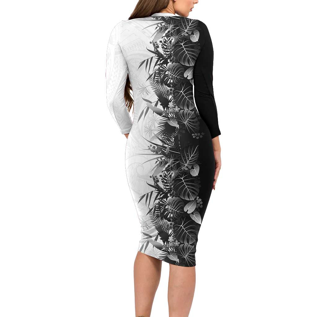 Hawaii Tropical Plant Monochrome Long Sleeve Bodycon Dress Vibrant Polynesian Pattern LT01 - Polynesian Pride