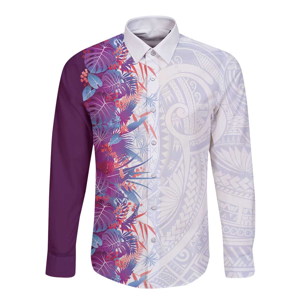 Hawaii Tropical Plant Poni Long Sleeve Button Shirt Vibrant Polynesian Pattern LT01 Unisex Purple - Polynesian Pride