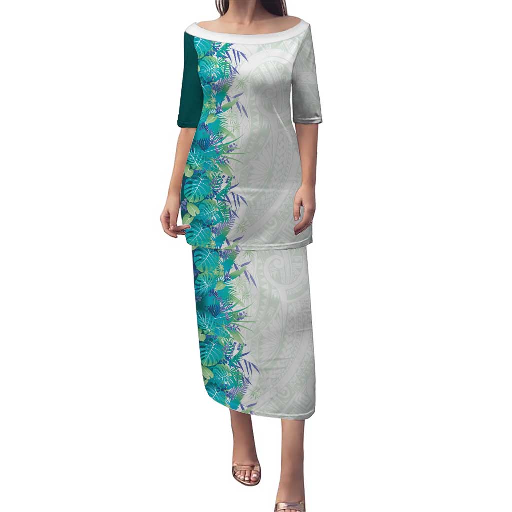 Hawaii Tropical Plant Teal Puletasi Vibrant Polynesian Pattern LT01 Long Dress Teal - Polynesian Pride