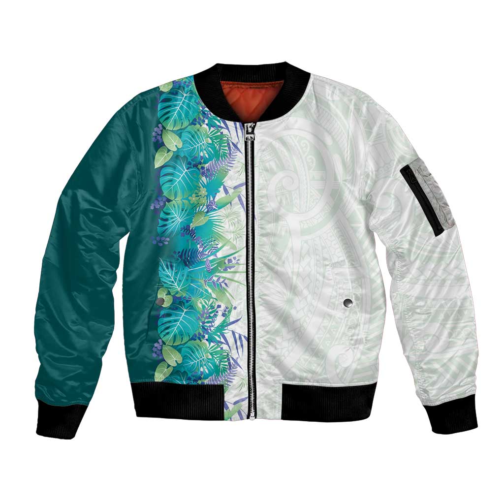 Hawaii Tropical Plant Teal Sleeve Zip Bomber Jacket Vibrant Polynesian Pattern LT01 Unisex Teal - Polynesian Pride