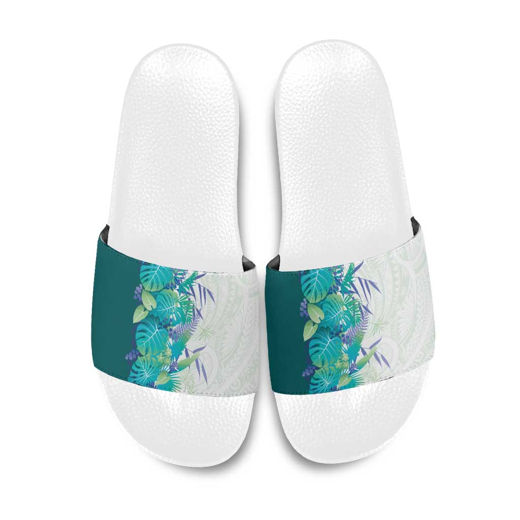 Hawaii Tropical Plant Teal Slide Sandals Vibrant Polynesian Pattern LT01 Teal - Polynesian Pride