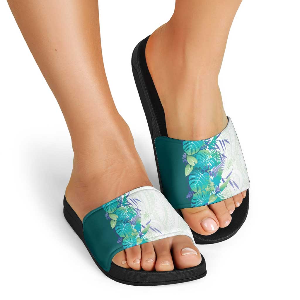 Hawaii Tropical Plant Teal Slide Sandals Vibrant Polynesian Pattern LT01 - Polynesian Pride