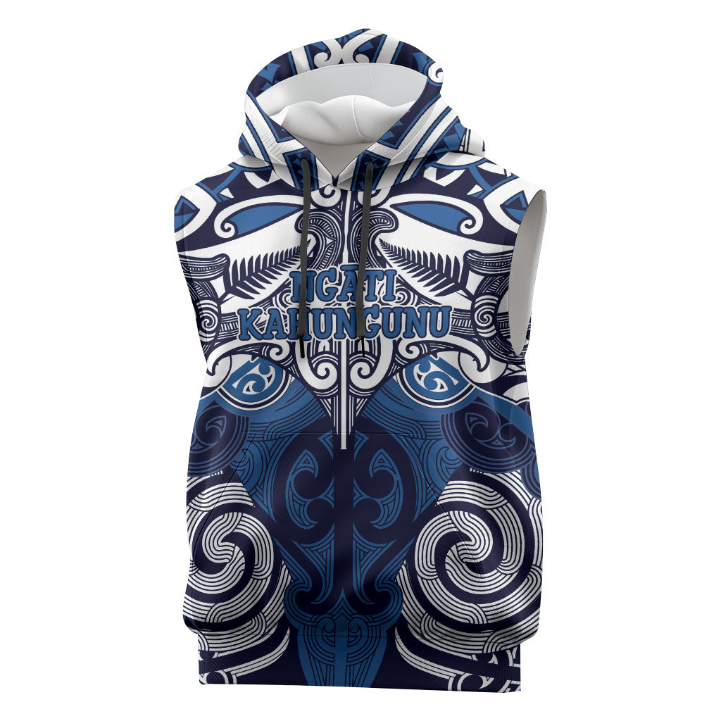 Personalised Maori Ngati Kahungunu Sleeveless Hoodie Silver Fern Kowhaiwhai Art LT01 Blue - Polynesian Pride