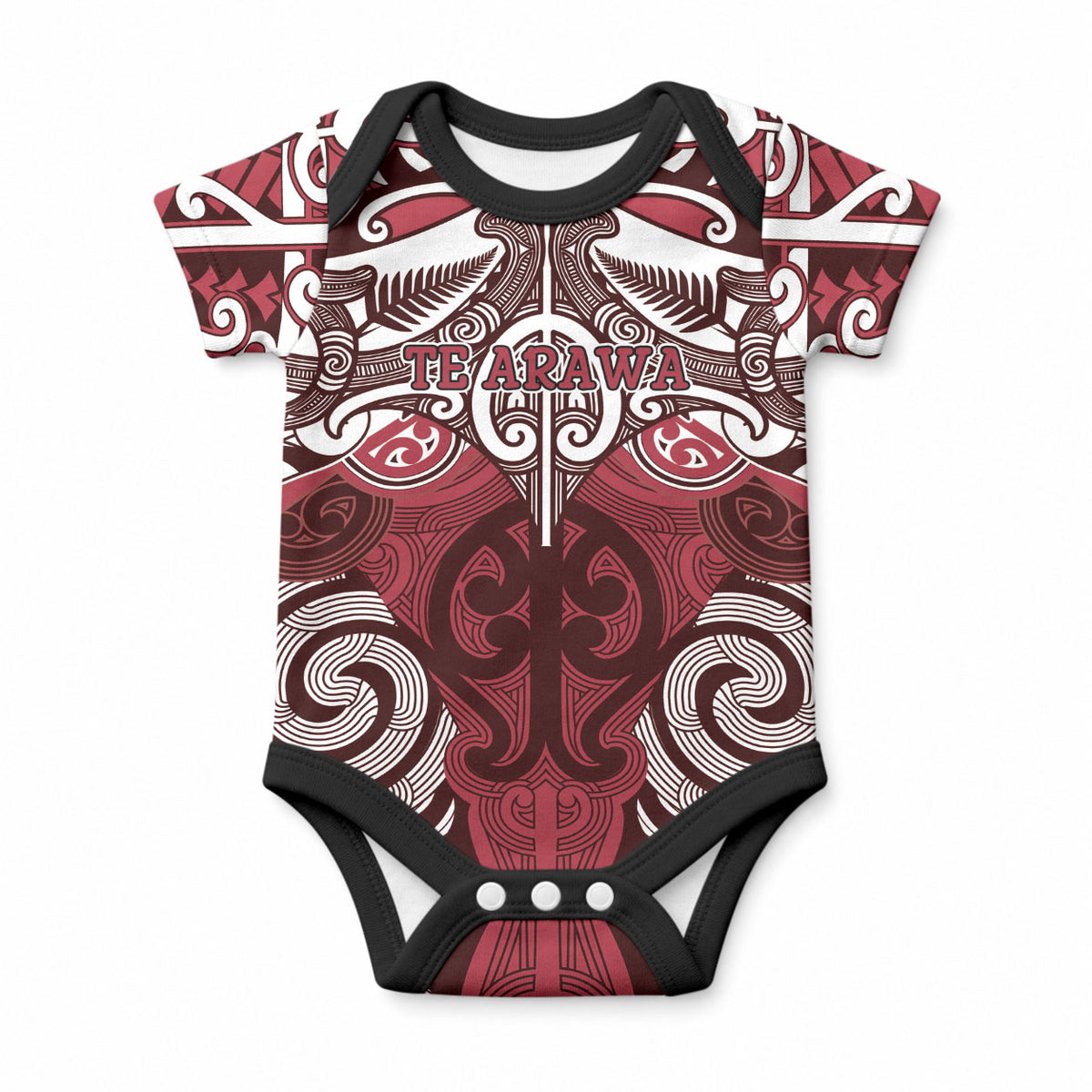 Personalised Maori Te Arawa Baby Onesie Silver Fern Kowhaiwhai Art LT01 Red - Polynesian Pride