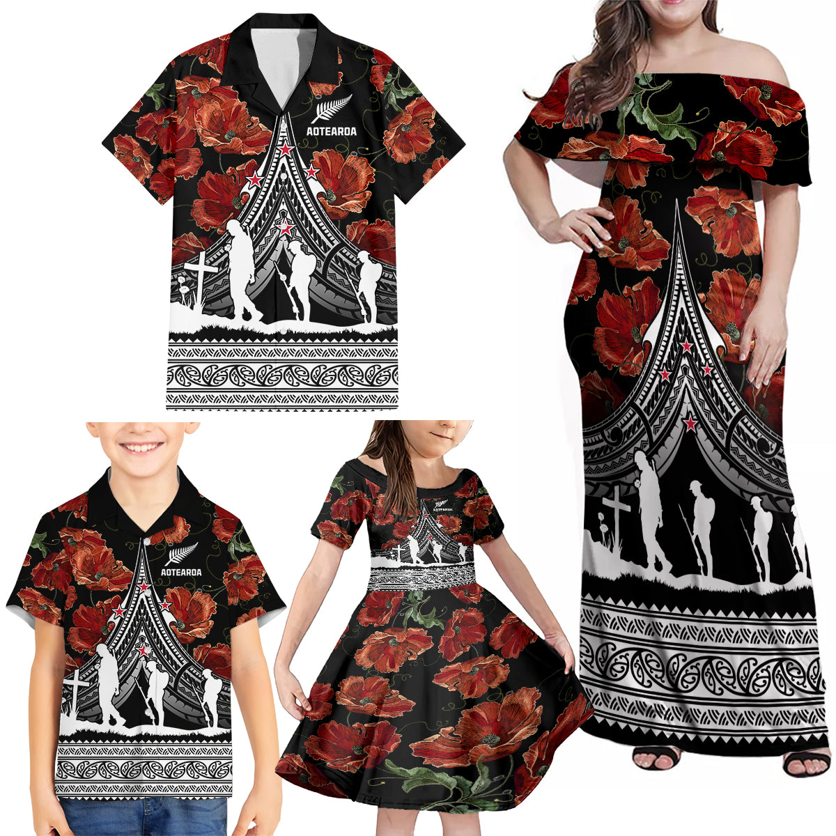 New Zealand ANZAC Day Family Matching Off Shoulder Maxi Dress and Hawaiian Shirt Poppy With Polynesian Pattern LT01 - Polynesian Pride